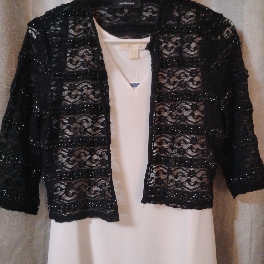 R&M Richards Black Women's Shrug with silver metallic detail.